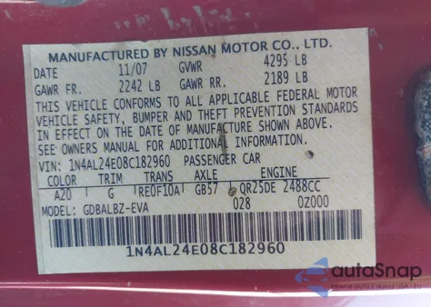 2008 Nissan Altima 2.5 S from USA, damaged, VIN 1N4AL24E08C182960